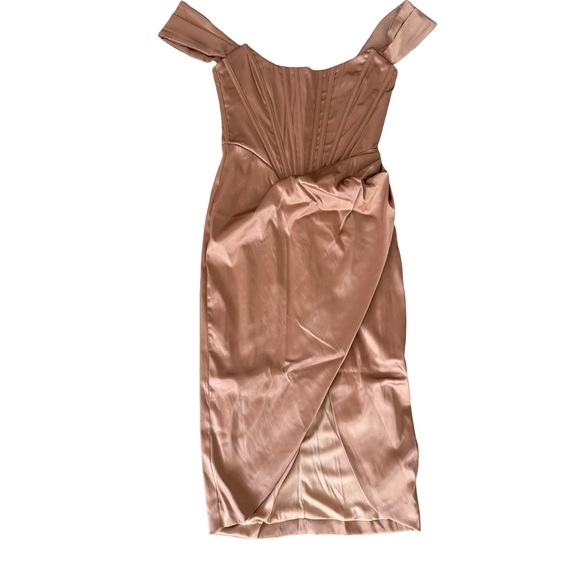 Satin Ruched Off Shoulder Corset Midi Champagne Pink Dress Medium - Picture 3 of 6